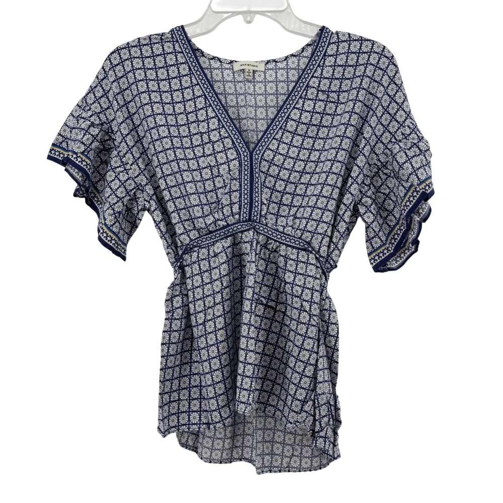 Max Studio Blue White Small Floral Blouse Coastal Preppy Spring Lightweight